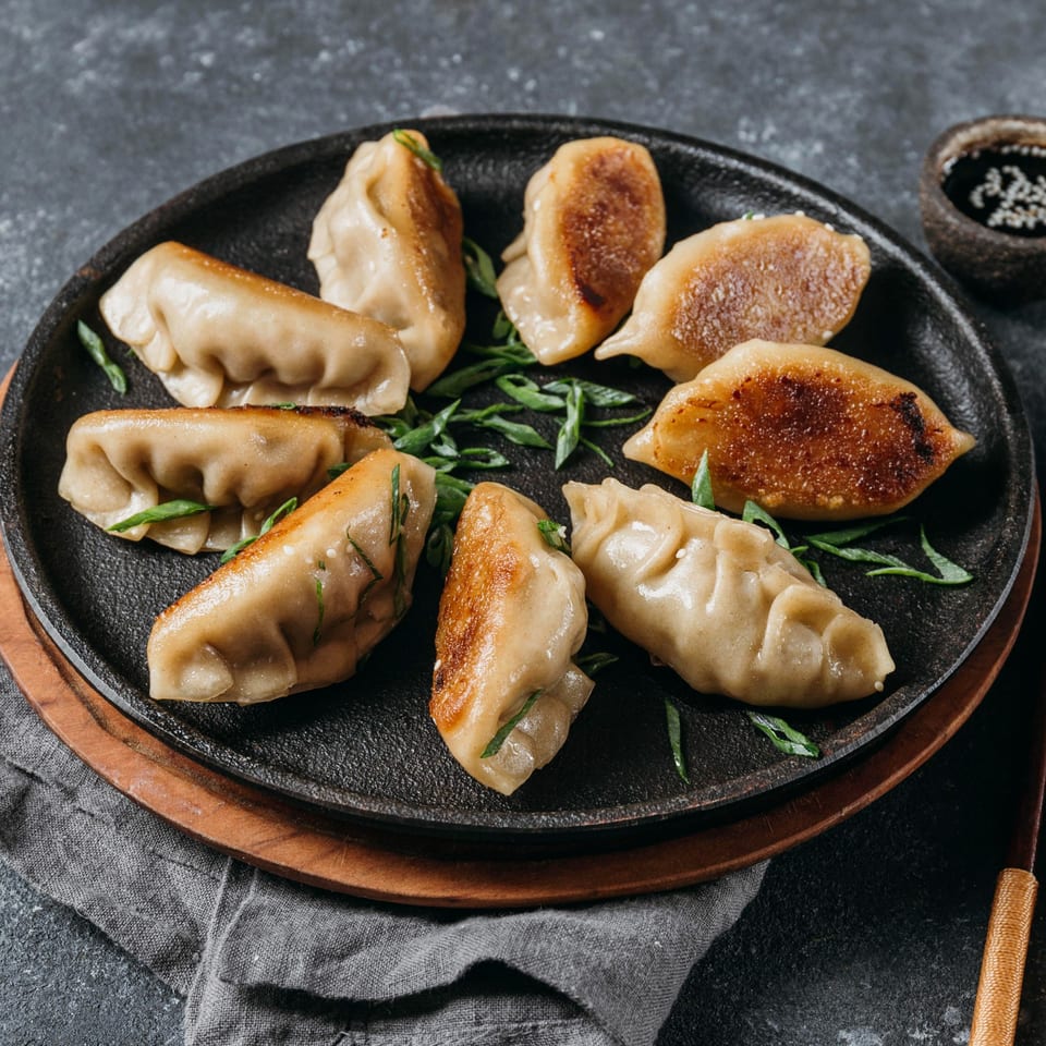 Pan-fried momos, garnished with green onions, arranged on a black cast iron plate with dipping sauce.