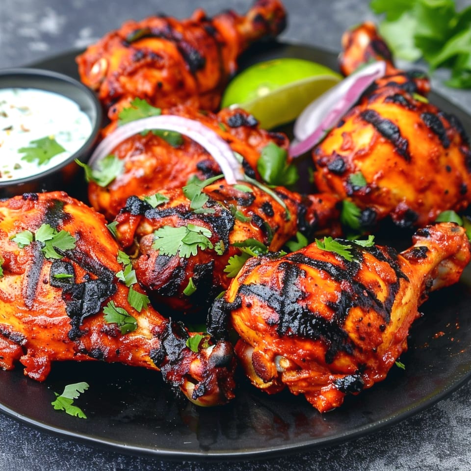 Grilled tandoori chicken drumsticks with cilantro, lime, red onion, and a side of raita.